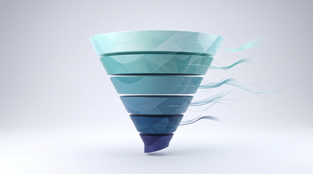 Geometric funnel shape with smooth, flowing lines and cascading blue tones, representing a sales funnel or process, with free space for text.