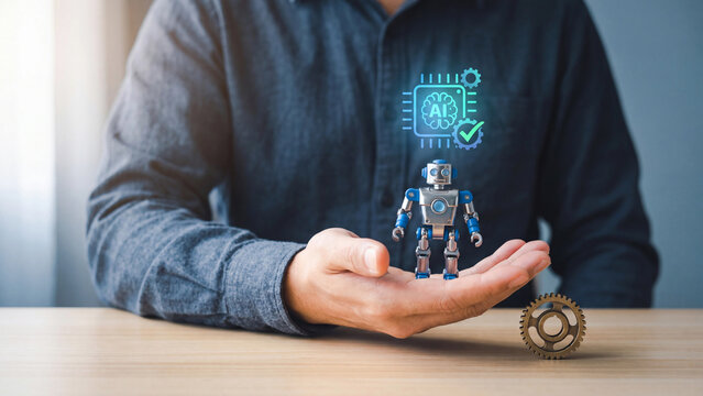 AI robot and automation technology concept, man holding small robot toy with AI chip, gear hologram and metal cog for robotics, machine learning and smart business process automation