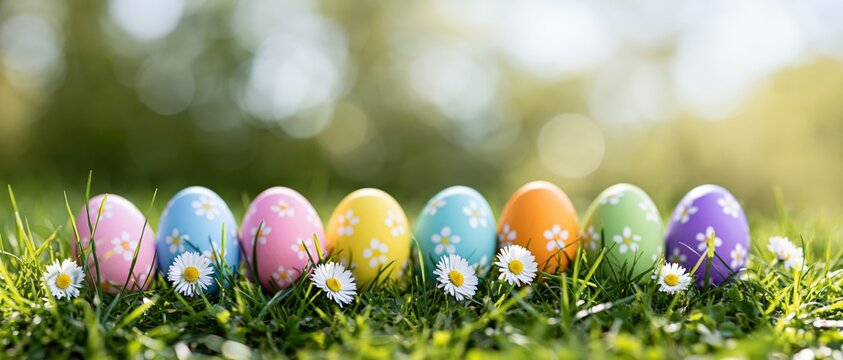 Colorful painted easter eggs arranged in a row on green grass with small white daisies scattered around