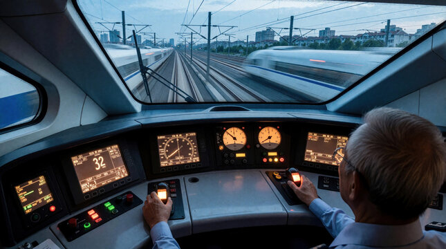 Male train driver operates high speed locomotive from modern cockpit. Operator manages control panel with levers, digital displays driving through city. View from windshield shows moving passenger