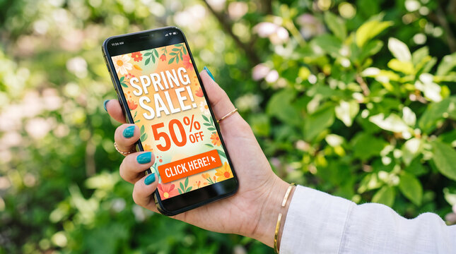 Phone displaying a spring sale with 50% off and floral graphics, held by a hand with jewelry against a green outdoor background