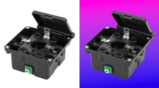 Modern electrical junction box with cable glands open view