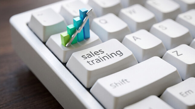A 3D bar graph with an upward trending arrow sits on a keyboard's "sales training" key, symbolizing business growth and learning.