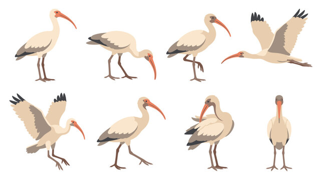 White ibis birds collection in various poses flat vector illustration.
