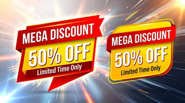 Red and yellow banners announce a mega discount of 50% off, limited time only, symbolizing urgency and savings, great for promotions