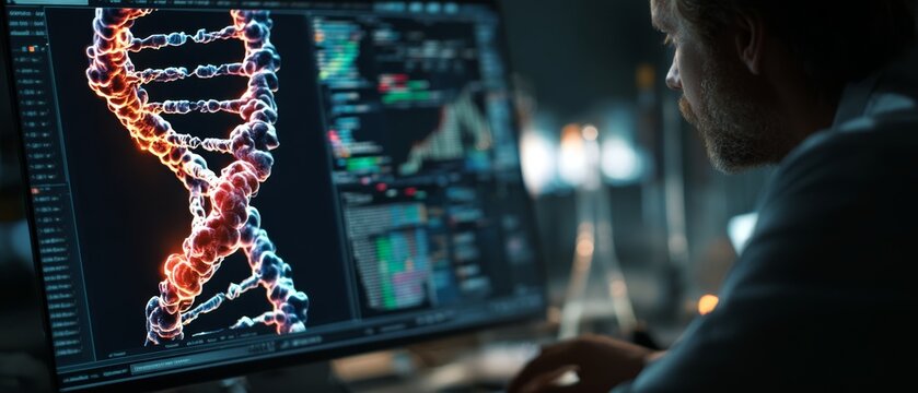 A scientist views a digital DNA helix model on a computer monitor with data charts in the background.