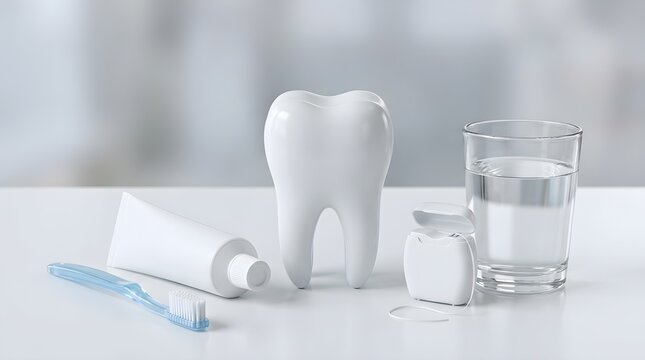 Dental hygiene products including toothbrush, toothpaste, floss, and mouthwash arranged with a glass of water