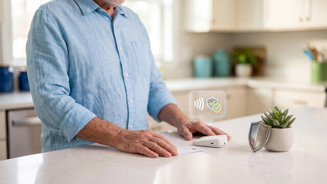 Contactless payment and card protection concept, senior man at kitchen counter using nfc reader with credit card and shield hologram for safe tap to pay transaction and fraud defense