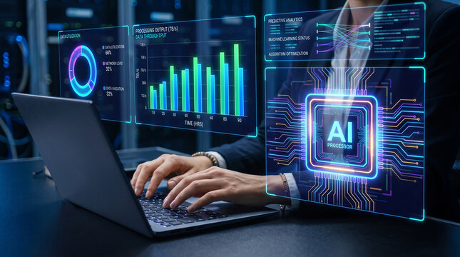 Holographic display showing AI processor and data analytics, symbolizing advanced technology and innovation in business, showcasing intelligence and processing power.