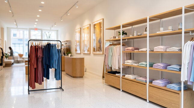 Modern clothing store interior showcasing neatly displayed apparel on racks and shelves, symbolizing retail, fashion, and style, with ample free space for text.