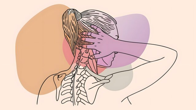 Cervical spine and neck pain medical illustration. Chiropractic care and muscle tension relief concepts. Woman touching her neck with visible spine anatomy