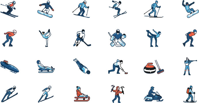 Modern winter sports icon collection professional athletes competing in alpine skiing snowboarding hockey bobsleigh activities on clear background