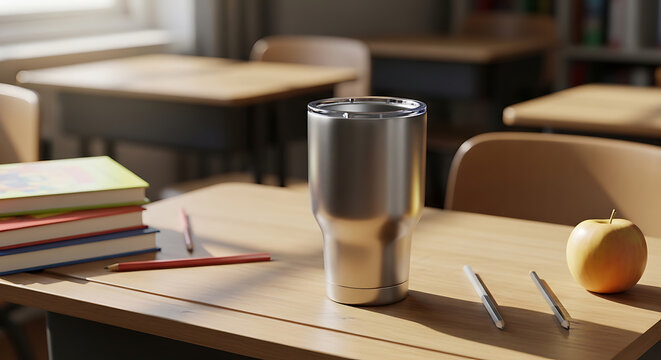 Study desk with tumbler, apple, stationery, and books mockup, blank spaces for text