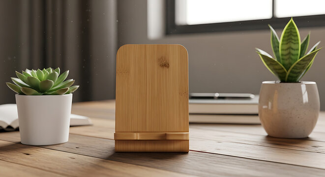 Modern bamboo wireless charger with succulents on wooden desk mockup, blank spaces for text