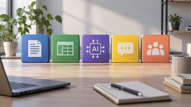 Colorful office blocks featuring document, spreadsheet, AI, chat, and team icons illustrate AI literacy as a basic workplace skill.