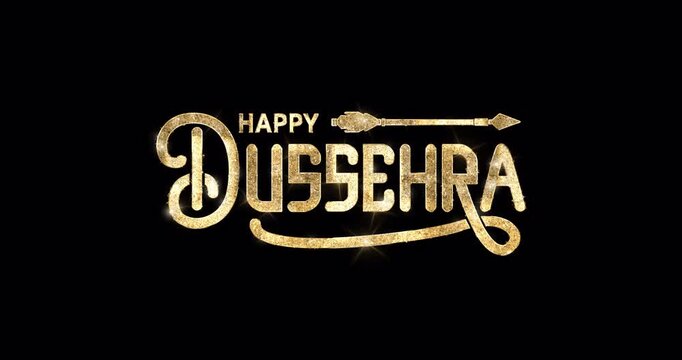Happy Dussehra text animation with arrow on alpha channel. Handwritten text in glitter gold with alpha matte. Great for Celebrations, festivals, and events. Transparent background