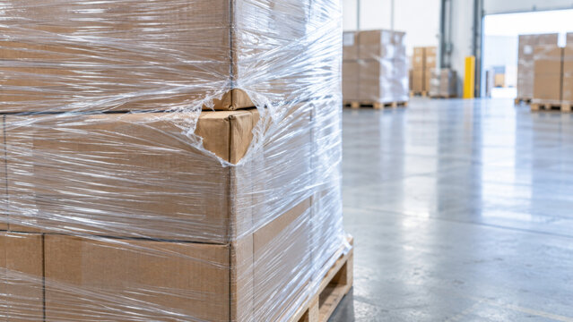 Damaged freight packaging inspection showing torn cardboard box wrapped in plastic film inside warehouse