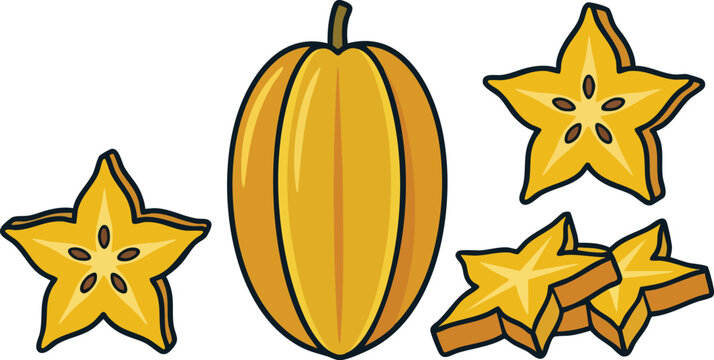 Yellow starfruit and cross section slices resting on a plain white background