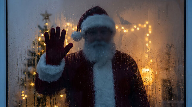 Santa Claus silhouette behind rain-covered window with hand pressed against glass, cinematic Christmas thriller