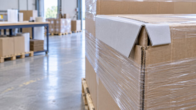Cardboard shipping box with protective plastic wrap inside warehouse, showing freight packaging damage and material inspection