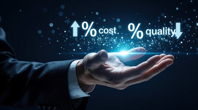 Businessman hand holds glowing digital hologram showing cost, quality balance. Man in suit manages financial trade off between price increase, quality decrease. Concept of economic strategy, risk