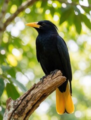 Obraz premium Crested Oropendola bird perches on tree branch in tropical jungle. Black feathers, yellow beak detail portrait of wild avian in Brazil forest. Exotic south american wildlife sits alone amidst rich