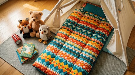 Fototapeta premium Cozy indoor camping setup for kids in playroom. Colorful sleeping bag lies inside white teepee tent on grey rug. Stuffed animals, plush teddy bear, fox, owl, books stay near tent for fun childhood