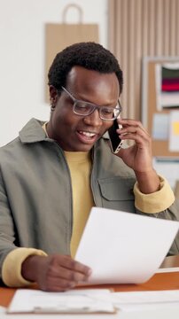 Small business, man or document with phone call for shipping contract renewal, book load or laugh. Tech, happy black person or contact fleet broker for cargo manifest, delivery quote or logistic joke
