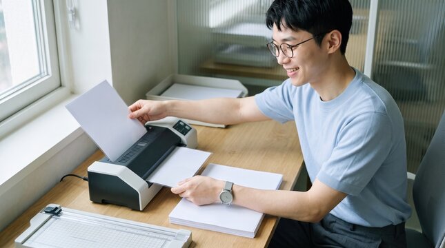 Generative AI, Asian man smiling while laminating documents at his desk by the window