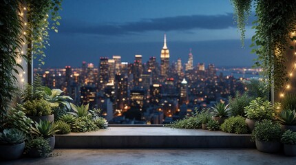 Fototapeta premium Modern balcony terrace with rich green plants, warm fairy lights at night. Urban cityscape with glowing skyscrapers background. Empty space for virtual meeting background, zoom presentation, remote