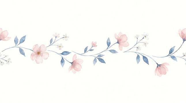 Watercolor floral seamless border with delicate pink cherry blossoms and light blue leaves on thin winding branches, hand-painted botanical horizontal garland isolated on a white background for