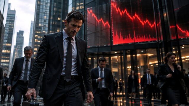 financial district street scene with traders exiting glass buildings and ticker screens red, studio-style portrait with subject isolated on a neutral backdrop