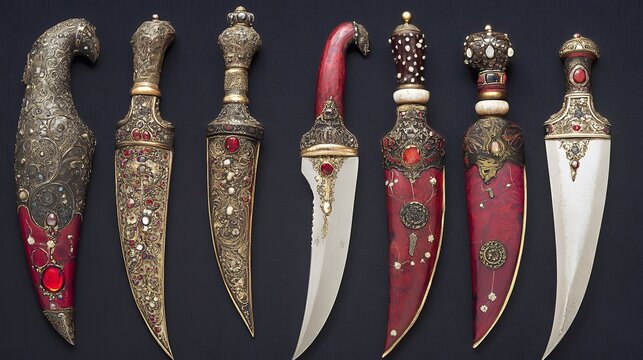 Seven ornate daggers with jeweled hilts and blades, displayed against a dark background