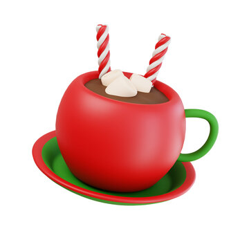 Cute 3D Rendered Cups Of Hot Chocolate Topped With Marshmallows And Candy Canes Isolated On A Transparent Background