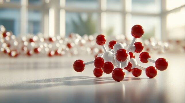 A detailed 3D render of a molecular structure, showcasing red and white atoms interconnected, resting on a sleek, white surface