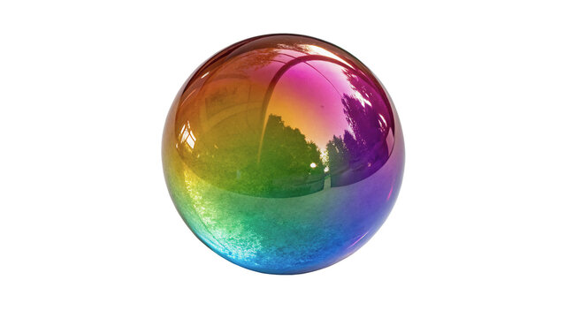 Vibrant colorful abstract glass marble sphere with internal rainbow swirls isolated on transparent background
