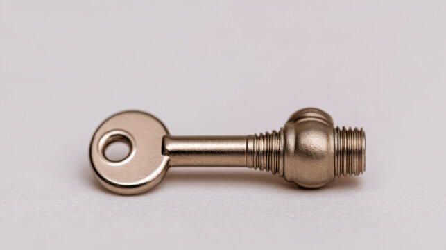 Antique metal key with threaded shaft and round head isolated on neutral background