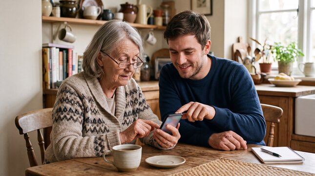 Older Woman Learning Smartphone Skills with Family Support