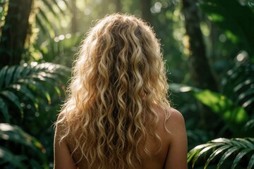 Obraz premium Back view of blonde woman with long wavy hair in tropical jungle. Natural hair texture, curls glow in sunlight. Rich green forest background with palm leaves creates organic beauty, wellness vibe for