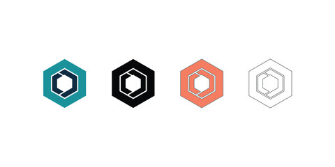 Obraz premium Modern abstract geometric hexagonal emblem designs with an interconnected inner shape, displayed in diverse color variations and outline styles, ideal for contemporary branding, technology