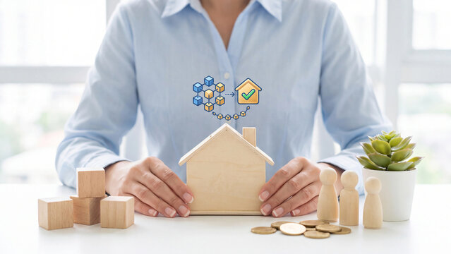 Property tokenization and digital home ownership concept, woman holding wooden house model with coins, family figures and ledger network hologram for mortgage, investment and smart contract