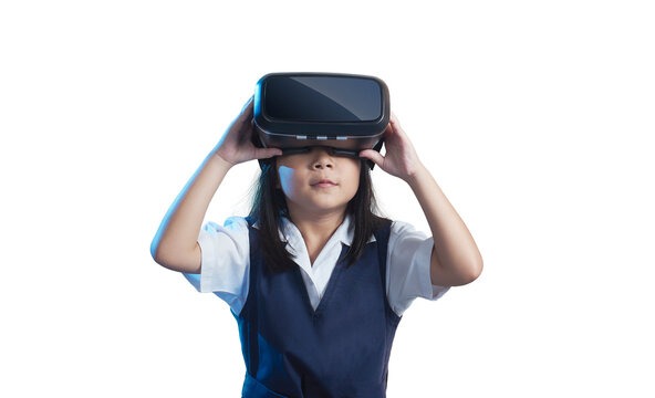 School girl experiencing virtual reality with headset, white background