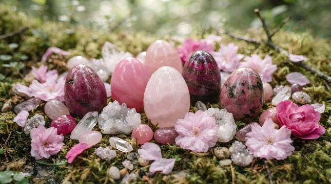 Polished rose quartz and rhodonite crystal eggs arranged on natural moss with pink cherry blossom flowers