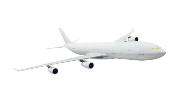 White commercial passenger airplane flying against transparent background