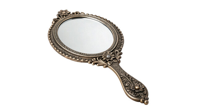 Vintage antique metallic ornate silver hand mirror vanity bedroom accessory isolated on transparent background