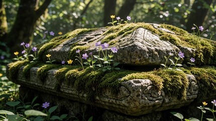 Obraz premium Ancient stone tomb covered in thick green moss in dark forest. Small purple, yellow flowers grow on old grave relic. Overgrown memorial sits in rich woodland scenery with sunlight filtering through