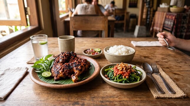 Ayam Taliwang served with plecing kangkung, rice and Lombok side dishes, suitable for culinary tourism, hospitality advertising, restaurant websites, travel media and food campaigns.