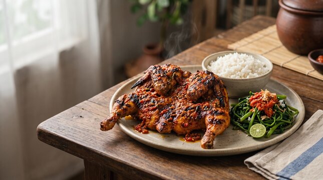 Ayam Taliwang Lombok grilled chicken served with plecing kangkung and rice, designed for restaurant advertising, tourism campaigns, food websites, menus, and culinary marketing.