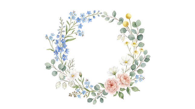 Watercolor floral wreath featuring blue delphinium, yellow billy buttons, pink roses, and green eucalyptus leaves isolated on a white background, for wedding and, event stationery