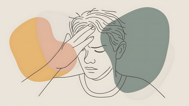 Forehead pain and tension headache symptoms. Stress relief and mental fatigue care. Man touching his forehead while experiencing a strong headache